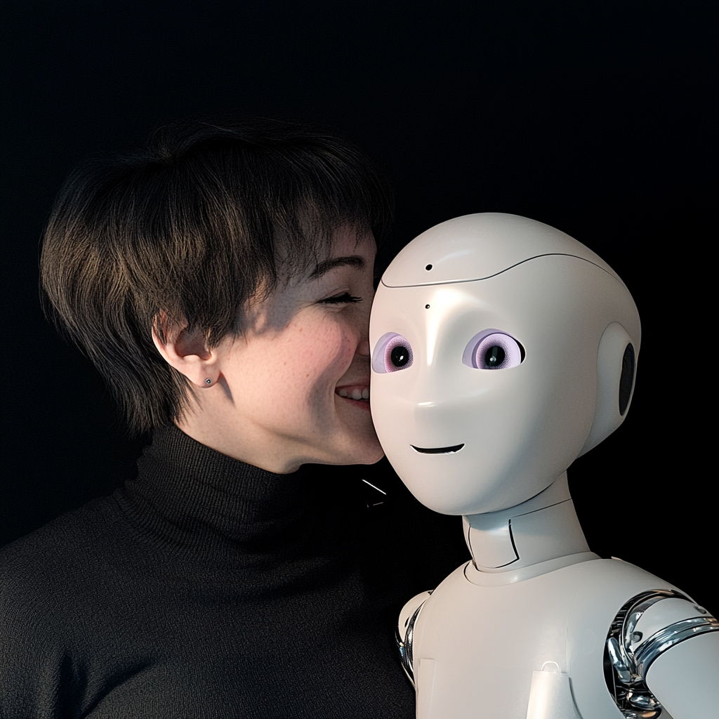 Femme qui murmure a l'oreille d'un robot. Une IA prête pour la communication visuelle avec Diabolo Design.